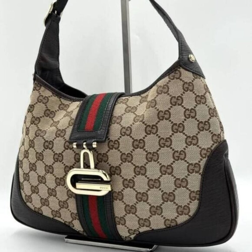 Authentic GUCCI GG Jackie Sherry Web Canvas Handbag Shoulder Bag Charm Ophidia - Picture 3 of 13